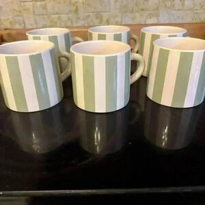 Set of 6 Large Coffee Mugs Light Green & White Striped. holds 20 ounces.